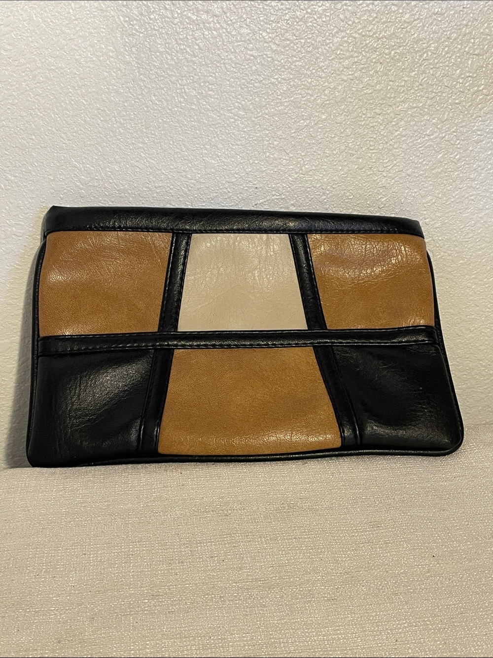 Vtg VKK Zipper Genuine Black Leather Pouch in Black, Tan & Cream